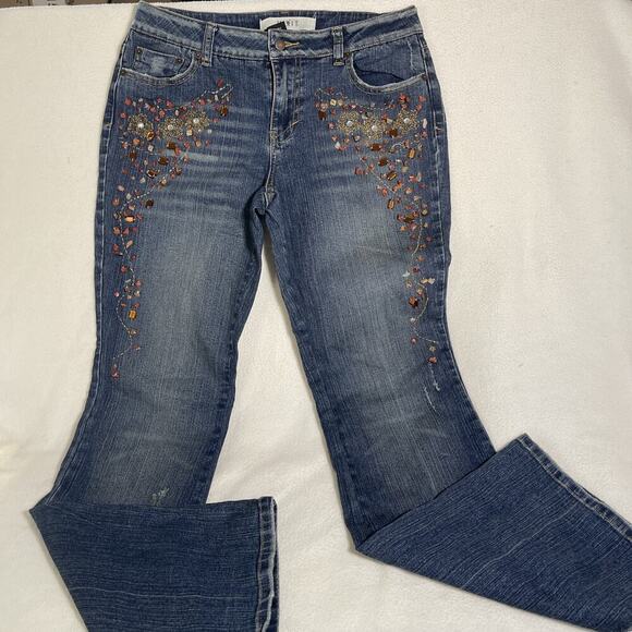 Mixit Women's Flare Jeans Blue Floral Embellished Stretch Mid Rise Size 8 - Picture 2 of 10